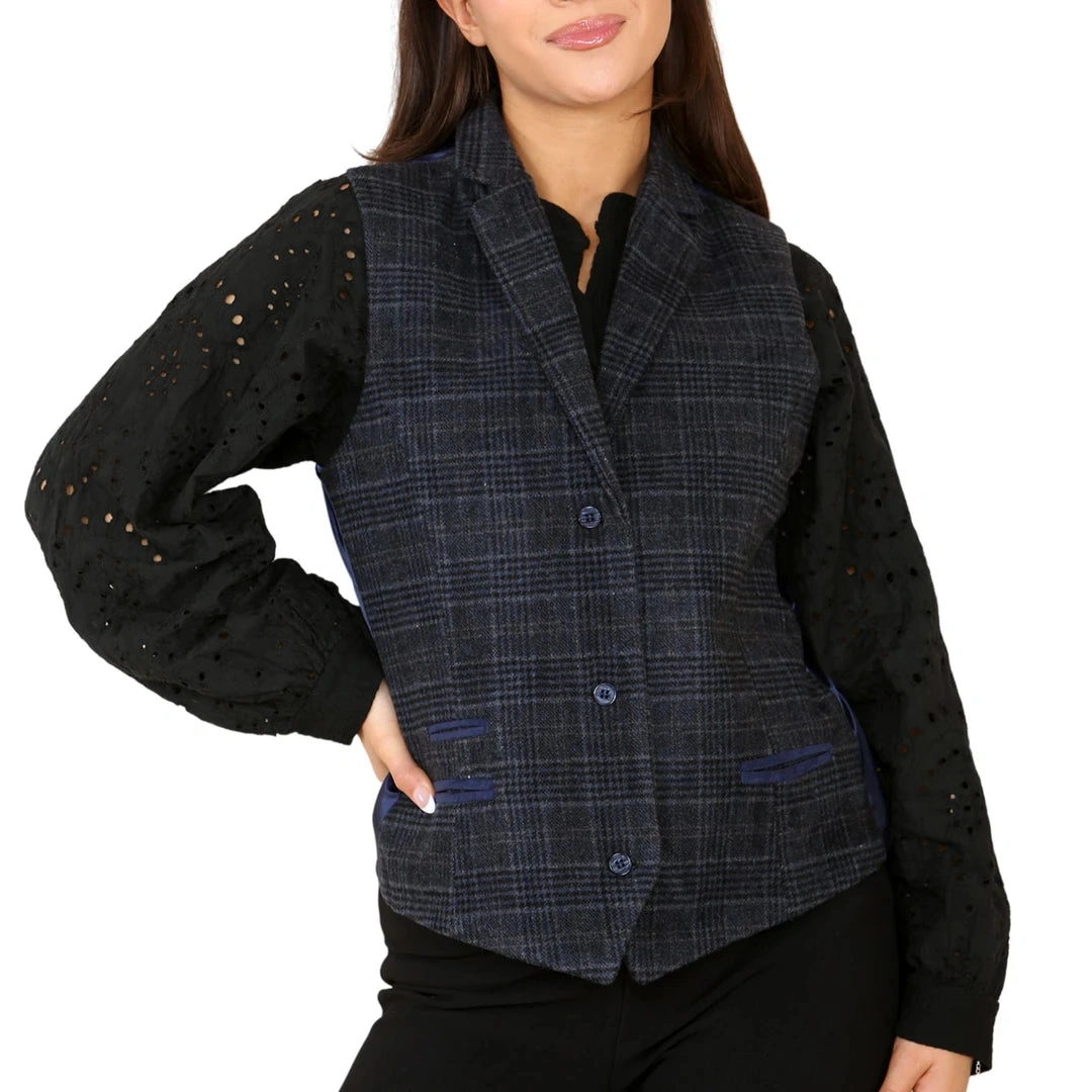 Blue Tweed Blazer Vest: Chic Check Suit for the Modern Woman